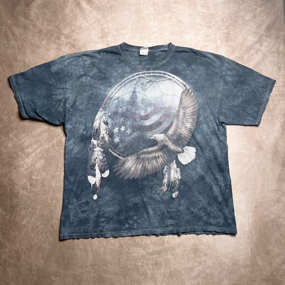 Vintage Y2K Tie Dye Bald Eagle Dream Catcher T-Shirt Gray Short Sleeve Men's 2XL - Picture 1 of 7